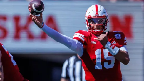 UTEP vs Nebraska AUG 31 August 31, 2024 Lincoln, NE. U.S. – Nebraska Cornhuskers quarterback Dylan Raiola (15) in action during a NCAA Division 1 football game between UTEP Miners and the Nebraska Cornhuskers at Memorial Stadium in Lincoln, NE.
