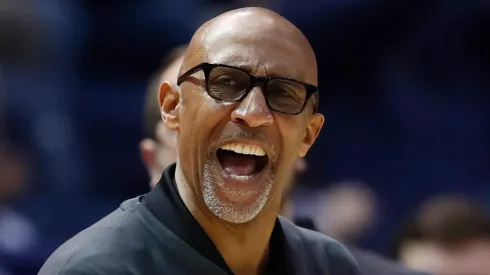 Head coach Johnny Dawkins of the University of Central Florida Knights reacts during the first half against the Brigham Young Cougars at the Marriott Center on February 13, 2024 in Provo, Utah.
