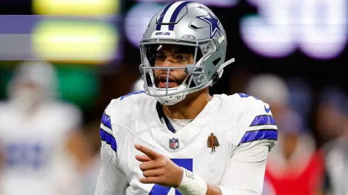 Dak Prescott #4 of the Dallas Cowboys reacts during the second quarter against the Atlanta Falcons at Mercedes-Benz Stadium on November 03, 2024 in Atlanta, Georgia.