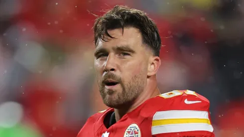 Travis Kelce #87 of the Kansas City Chiefs looks on before the game against the Tampa Bay Buccaneers at GEHA Field at Arrowhead Stadium on November 04, 2024 in Kansas City, Missouri.
