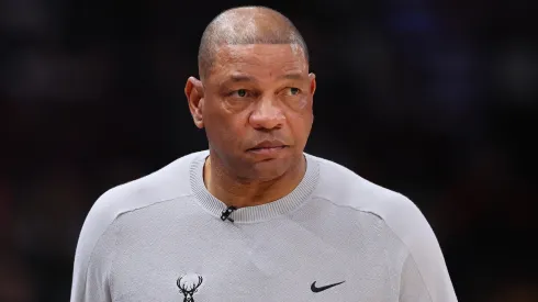Head coach Doc Rivers of the Milwaukee Bucks looks on against the Chicago Bulls during the first half at the United Center