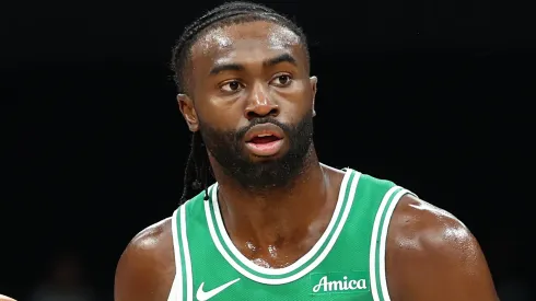 Jaylen Brown of Boston Celtics runs with the ball during the NBA match between Denver Nuggets and Boston Celtics at Etihad Arena on October 04, 2024 in Abu Dhabi, United Arab Emirates.