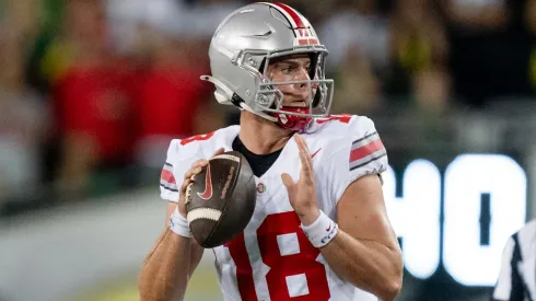 Quarterback Will Howard #18 of the Ohio State Buckeyes prepares the throw the ball during the second half of the game against the Oregon Ducks at Autzen Stadium on October 12, 2024 in Eugene, Oregon.
