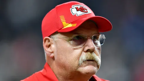 Head Coach Andy Reid of the Kansas City Chiefs looks on after defeating the Las Vegas Raiders at Allegiant Stadium on November 14, 2021 in Las Vegas, Nevada.