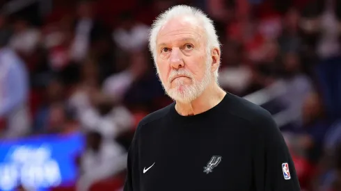 Head coach Gregg Popovich of the San Antonio Spurs looks on against the Houston Rockets during the first half of a preseason game at Toyota Center on October 17, 2024 in Houston, Texas.
