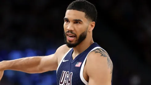 Jayson Tatum #10 of Team United States reacts during a Men's basketball quarterfinal game between Team United States and Team Brazil on day eleven of the Olympic Games Paris 2024 at Bercy Arena on August 06, 2024 in Paris, France.
