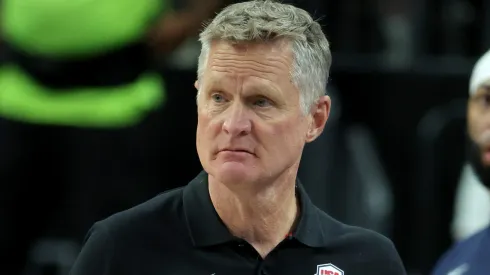 Head coach Steve Kerr of the United States gestures in the second half of an exhibition game against Canada ahead of the Paris Olympic Games.
