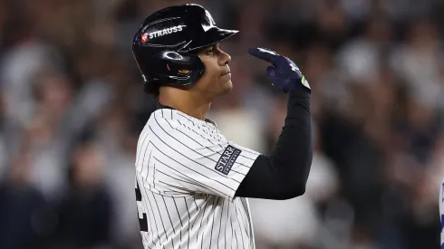 Juan Soto #22 of the New York Yankees reacts after hitting a double during the eighth inning of Game Four of the 2024 World Series against the Los Angeles Dodgers at Yankee Stadium on October 29, 2024 in the Bronx borough of New York City. 
