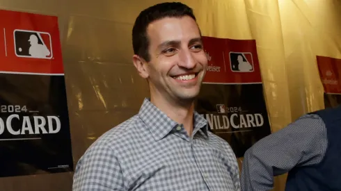General manager David Stearns of the New York Mets celebrates in the locker room after the Mets beat the Milwaukee Brewers 4-2 in Game Three of the Wild Card Series at American Family Field on October 03, 2024 in Milwaukee, Wisconsin.