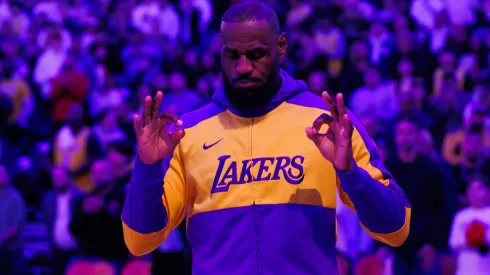 LeBron James #23 of the Los Angeles Lakers during the national anthems ahead of their NBA game against the Toronto Raptors at Scotiabank Arena on November 1, 2024 in Toronto, Canada.