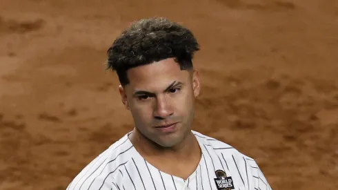 Gleyber Torres #25 of the New York Yankees reacts after striking out in the seventh inning against the Los Angeles Dodgers during Game Three of the 2024 World Series at Yankee Stadium on October 28, 2024 in the Bronx borough of New York City.
