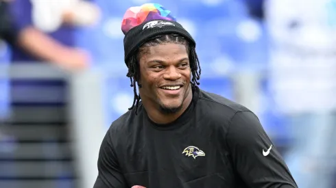 Lamar Jackson #8 of the Baltimore Ravens warms up prior to a game against the Detroit Lions at M&T Bank Stadium on October 22, 2023.
