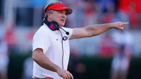 Head coach Kirby Smart of the Georgia Bulldogs reacts during the second quarter against the Mississippi State Bulldogs at Sanford Stadium on October 12, 2024 in Athens, Georgia.
