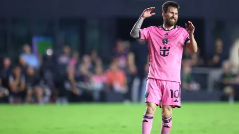 Lionel Messi #10 of Inter Miami reacts against Atlanta United during the second half of the Audi 2024 MLS Cup playoffs
