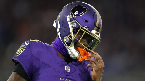 Lamar Jackson #8 of the Baltimore Ravens reacts against the Cincinnati Bengals during the third quarter at M&T Bank Stadium on November 07, 2024 in Baltimore, Maryland.
