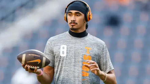 Nico Iamaleava #8 of the Tennessee Volunteers warms up prior to the game against the Kentucky Wildcats at Neyland Stadium on November 02, 2024 in Knoxville, Tennessee.
