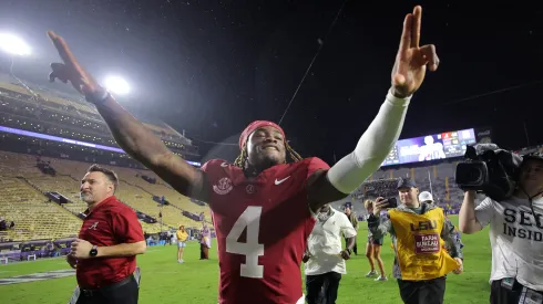 Jalen Milroe #4 of the Alabama Crimson Tide celebrates the win after a game against the LSU Tigers at Tiger Stadium on November 09, 2024 in Baton Rouge, Louisiana.
