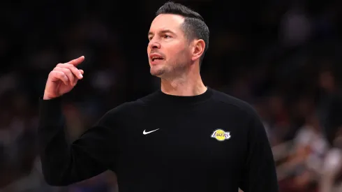 Head coach JJ Redick of the Los Angeles Lakers looks on during the first quarter against the Detroit Pistons