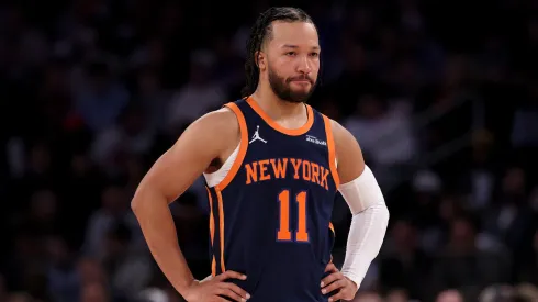 Jalen Brunson #11 of the New York Knicks reacts in the second half against the Milwaukee Bucks at Madison Square Garden
