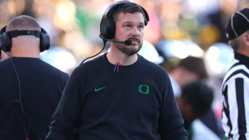 Head coach Dan Lanning of the Oregon Ducks looks on during the first half against the Michigan Wolverines at Michigan Stadium on November 02, 2024 in Ann Arbor, Michigan.
