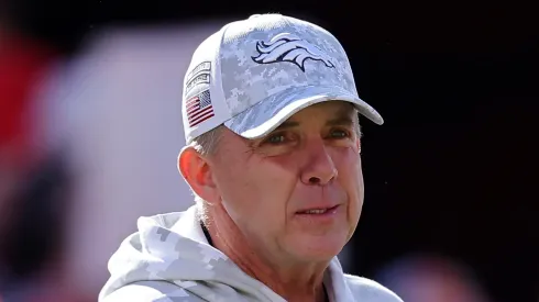 Head coach Sean Payton of the Denver Broncos looks on prior to a game against the Kansas City Chiefs at GEHA Field at Arrowhead Stadium on November 10, 2024 in Kansas City, Missouri.
