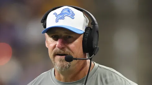 Head coach Dan Campbell of the Detroit Lions looks on in the first half while playing the Pittsburgh Steelers in a preseason game at Ford Field on August 24, 2024 in Detroit, Michigan.
