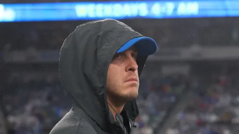 Jared Goff #16 of the Detroit Lions on the sideline during the first half of a preseason game against the New York Giants at MetLife Stadium on August 8, 2024 in East Rutherford, New Jersey. (Photo by Ed Mulholland/Getty Images)