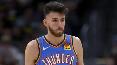 Chet Holmgren #7 of the Oklahoma City Thunder plays the Denver Nuggets in the third quarter