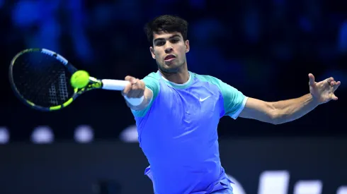 Carlos Alcaraz of Spain plays a forehand in his match against Casper Ruud 
