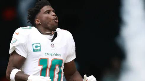 Tyreek Hill #10 of the Miami Dolphins enters the field to face the Arizona Cardinals at Hard Rock Stadium on October 27, 2024 in Miami Gardens, Florida.
