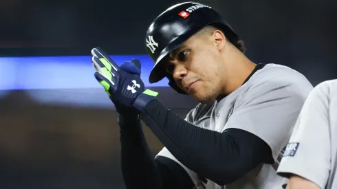 Juan Soto #22 of the New York Yankees reacts to his single against the Los Angeles Dodgers in the ninth inning during Game Two of the 2024 World Series at Dodger Stadium on October 26, 2024 in Los Angeles, California. 
