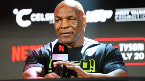  Mike Tyson speaks onstage during the Jake Paul vs. Mike Tyson Boxing match Arlington press conference at Texas Live! on May 16, 2024 in Arlington, Texas.
