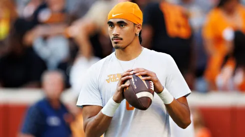 Nico Iamaleava #8 of the Tennessee Volunteers warms up before a game against the South Carolina Gamecocks at Neyland Stadium on September 30, 2023 in Knoxville, Tennessee.
