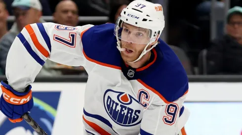 Connor McDavid #97 of the Edmonton Oilers shoots against the Seattle Kraken during the third period at Climate Pledge Arena on October 02, 2024 in Seattle, Washington. 
