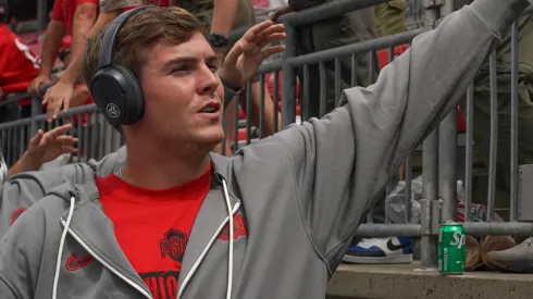 Quarterback Will Howard #18 of the Ohio State Buckeyes greets fans before the game against the Akron Zips at Ohio Stadium on August 31, 2024 in Columbus, Ohio.
