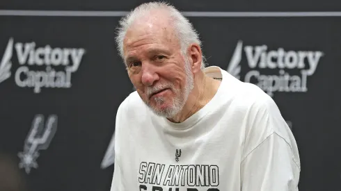 Head coach Gregg Popovich of the San Antonio Spurs address the media at the San Antonio Spurs Media Day at the Victory Capital Performance Center on September 30, 2024 in San Antonio, Texas. 
