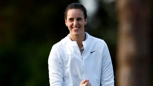 Professional basketball player Caitlin Clark reacts on the fifth hole prior to The ANNIKA driven by Gainbridge at Pelican 2024
