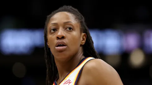 Kelsey Mitchell #0 of the Indiana Fever looks on during the game against the Seattle Storm
