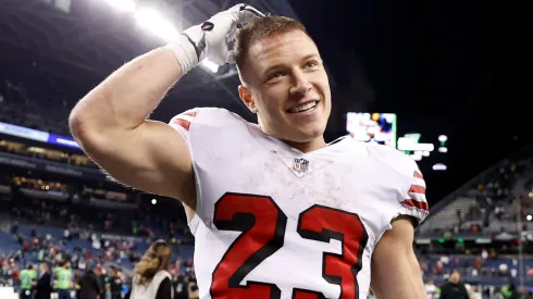 Christian McCaffrey #23 of the San Francisco 49ers reacts after beating the Seattle Seahawks at Lumen Field on December 15, 2022.