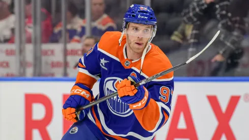 Connor McDavid #97 of the Edmonton Oilers warms up before the game against the Chicago Blackhawks at Rogers Place on October 12, 2024, in Edmonton, Alberta, Canada.
