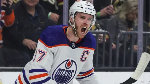 Connor McDavid #97 of the Edmonton Oilers reacts after scoring a short-handed goal against the Vegas Golden Knights in the first period of their game at T-Mobile Arena.
