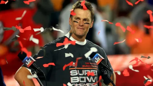 Tom Brady #12 of the Tampa Bay Buccaneers celebrates after defeating the Kansas City Chiefs in Super Bowl LV at Raymond James Stadium on February 07, 2021.
