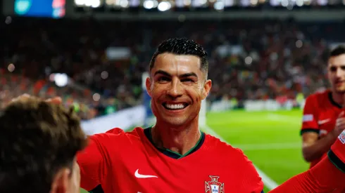 Cristiano Ronaldo seen celebrating after scoring goal during UEFA Nations League game between national teams of Portugal and Poland
