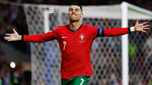 Cristiano Ronaldo seen celebrating after scoring goal during UEFA Nations League game between national teams of Portugal and Poland