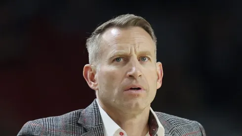 Head coach Nate Oats of the Alabama Crimson Tide looks on in the second half against the Connecticut Huskies in the NCAA Men's Basketball Tournament Final Four semifinal game at State Farm Stadium on April 06, 2024 in Glendale, Arizona.
