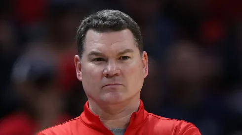 Head coach Tommy Lloyd of the Arizona Wildcats reacts after losing the the Clemson Tigers during the second half in the Sweet 16 round of the NCAA Men's Basketball Tournament at Crypto.com Arena on March 28, 2024 in Los Angeles, California. The Clemson Tigers won, 77-72. 
