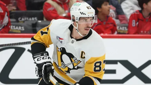 Sidney Crosby #87 of the Pittsburgh Penguins skates against the Washington Capitals at Capital One Arena on November 08, 2024 in Washington, DC. 
