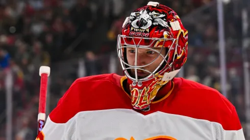  Dustin Wolf #32 of the Calgary Flames skates during the second period against the Montreal Canadiens at the Bell Centre on November 5, 2024 in Montreal, Quebec, Canada. 
