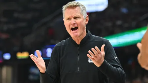 Head coach Steve Kerr of the Golden State Warriors reacts during the first quarter against the Cleveland Cavaliers at Rocket Mortgage Fieldhouse on November 08, 2024 in Cleveland, Ohio.