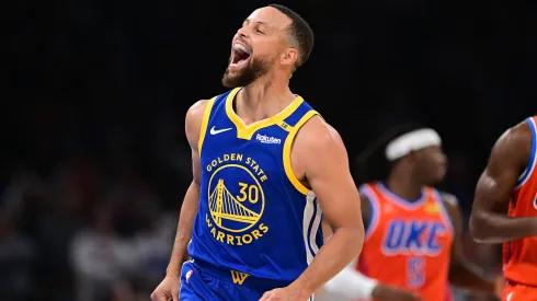 Stephen Curry #30 of the Golden State Warriors celebrates during the second half against the Oklahoma City Thunder at Paycom Center
